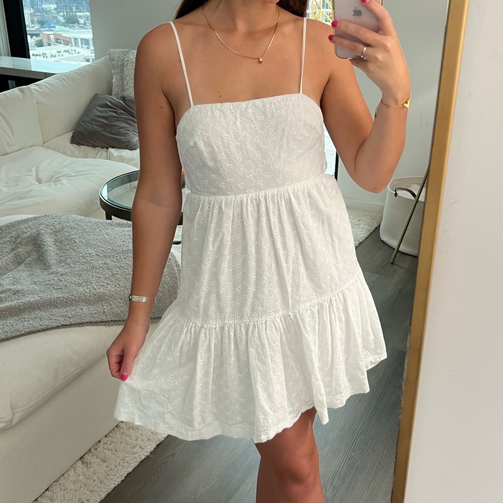 White Eyelet Lace Tie Back Spaghetti Strap Dress S